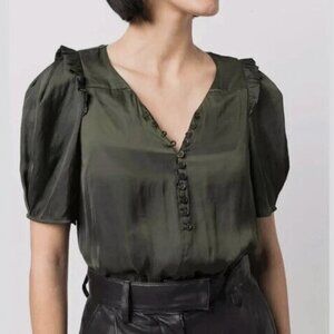 Zadig & Voltaire Dark Green Twity Satin Blouse Puffed Sleeves Ruffles Size Large